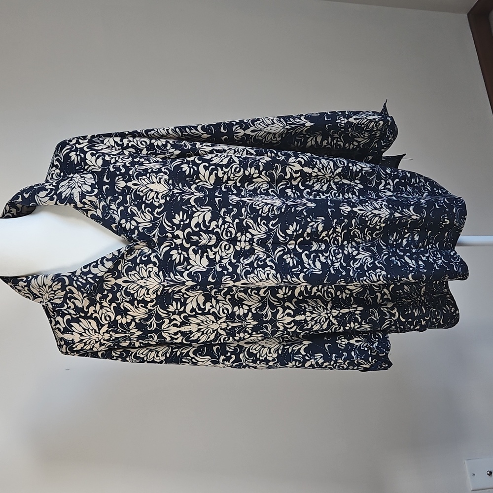 Catherines Button Up Blouse Tunic Cuff Sleeves Navy Tan Paisley 14/16 Office